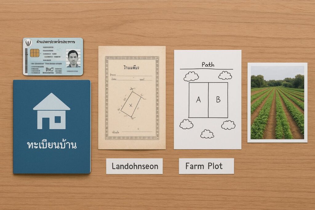 เอกสารประกอบการขึ้นทะเบียนเกษตรกร เช่น บัตรประชาชน ทะเบียนบ้าน โฉนดที่ดิน และผังแปลงฟาร์ม วางเรียงบนโต๊ะไม้