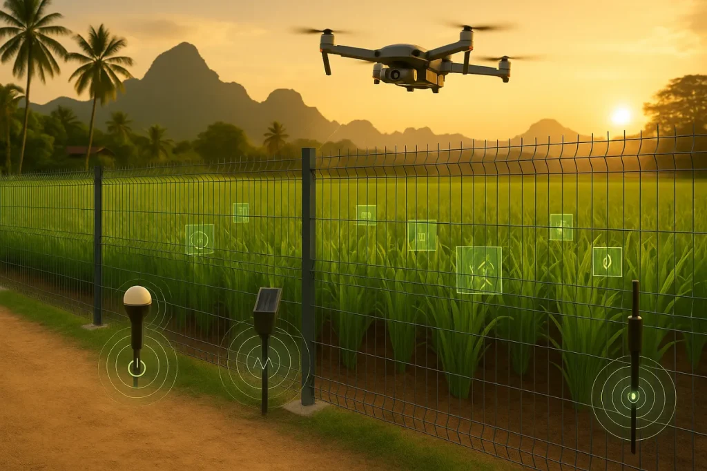 รั้วตะแกรงเหล็ก 3D ล้อมรอบแปลงนาเกษตรอัจฉริยะ พร้อมโดรนและเซ็นเซอร์ IoT ติดตั้งที่ฐานรั้ว บรรยากาศอบอุ่นยามเย็น แสดงถึงความปลอดภัยและการจัดการฟาร์มด้วยเทคโนโลยี