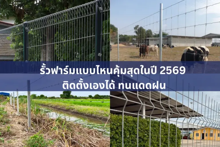 ภาพรั้วฟาร์มล้อมรอบบ้านฟาร์ม พร้อมวัวและฟางในพื้นที่เขียวขจี เหมาะกับบทความเกี่ยวกับรั้วฟาร์ม