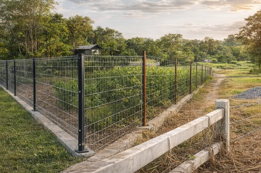 ภาพเปรียบเทียบรั้วฟาร์มหลายประเภท เช่น รั้วตะแกรงเหล็ก รั้วลวดหนาม และรั้วแรงดึงสูง สำหรับปี 2569