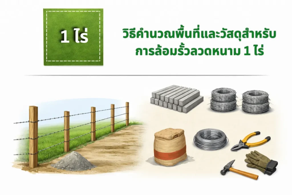 วิธีคำนวณพื้นที่และอุปกรณ์สำหรับล้อมรั้วลวดหนาม 1 ไร่ เช่น เสาปูน ลวด และเครื่องมือ