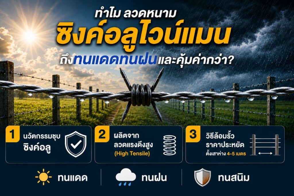 ข้อดีของลวดหนามซิงค์อลูไวน์แมน ทนแดด ทนฝน ทนสนิม ผลิตจากลวดแรงดึงสูงและติดตั้งประหยัดเสา