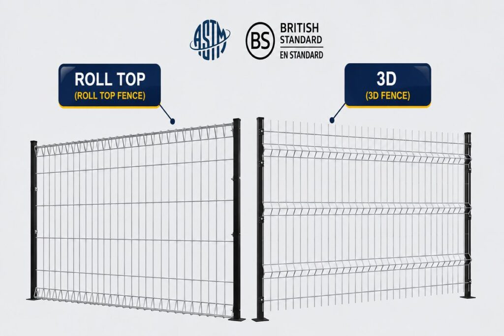 เปรียบเทียบแผงรั้วตะแกรงเหล็กสำเร็จรูป Roll Top Fence ปลายพับสามเหลี่ยม และรั้ว 3D Fence ดีไซน์ลอนพับรูปตัว V ผลิตตามมาตรฐาน ASTM และ BS EN