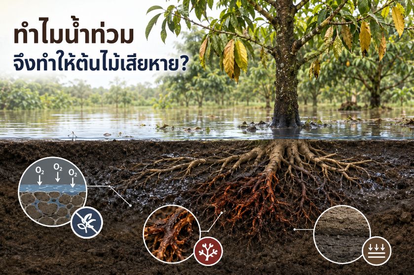 ภาพตัดขวางแสดงรากต้นไม้จมอยู่ในดินอิ่มน้ำ ทำให้รากขาดออกซิเจน เสี่ยงรากเน่าและดินอัดแน่น