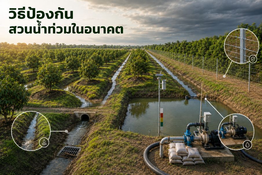 สวนผลไม้ยกร่องพร้อมระบบระบายน้ำ บ่อพัก เครื่องสูบน้ำ และรั้วตาข่ายถักปม เพื่อเตรียมป้องกันน้ำท่วมสวนในอนาคต